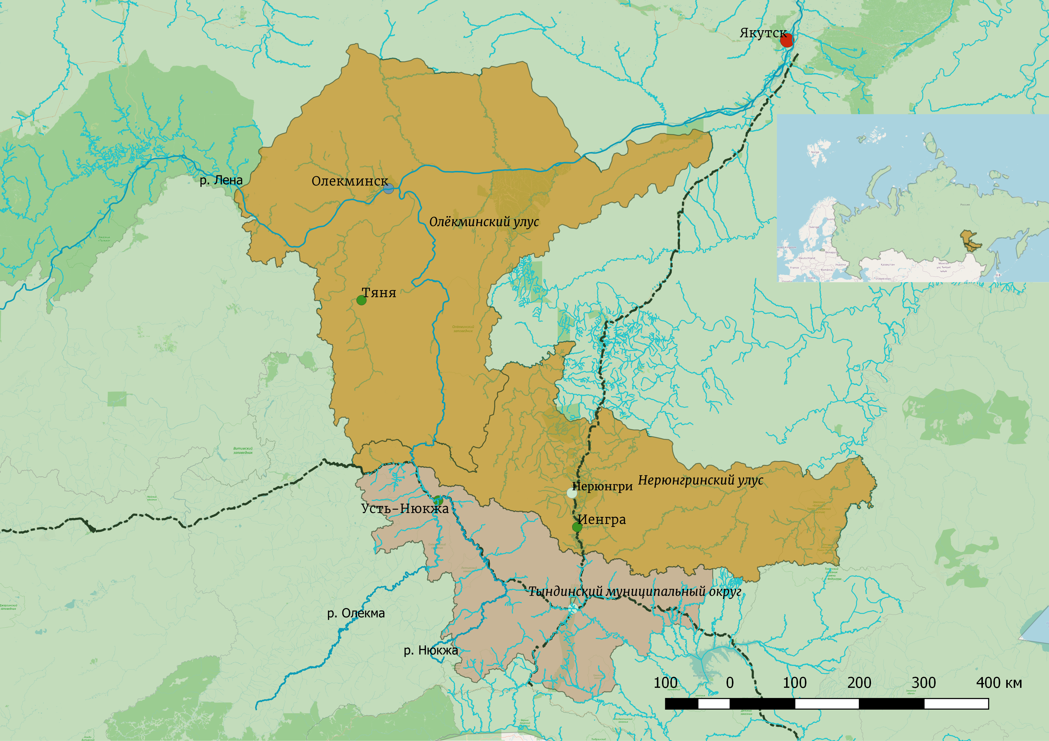 Карта районов проведения экспедиции к эвенкам Якутии