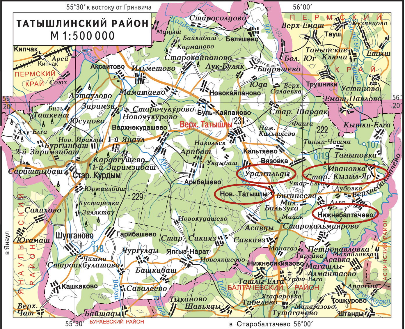 Карта поселков, в которых велась полевая работа в Башкирии